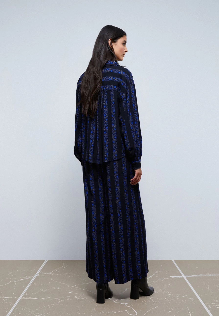 "Scalperscompany Women's Blue Striped Floral Palazzo Trousers"