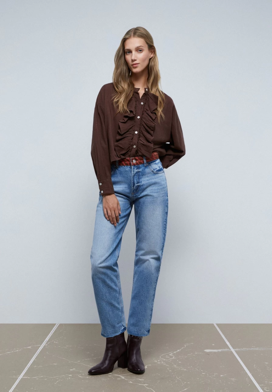 "ScalpersCompany Women's Brown Ruffled Blouse – Elegant Ruffle Detail Top"