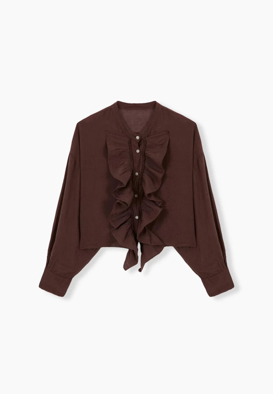 "ScalpersCompany Women's Brown Ruffled Blouse – Elegant Ruffle Detail Top"