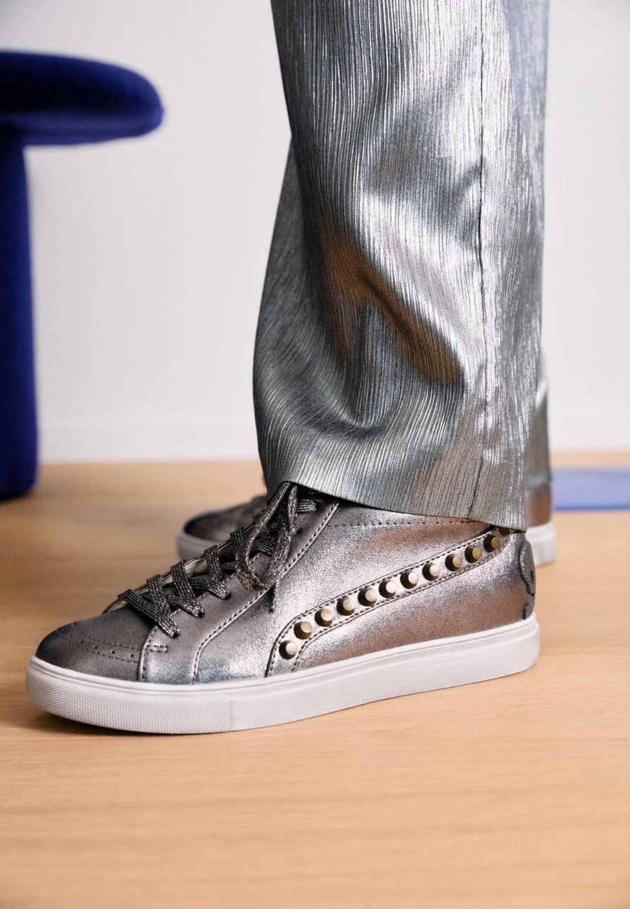 "ScalpersCompany Women's High Top Metallic Studded Sneakers - Edgy Fashion Streetwear Shoes"