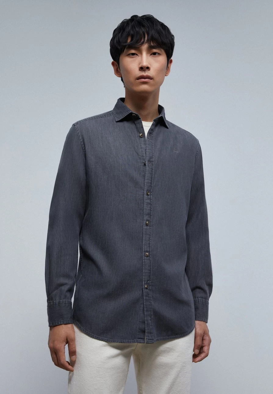 "ScalpersCompany Men's Denim Shirt with Skull Print - Stylish Casual Wear"