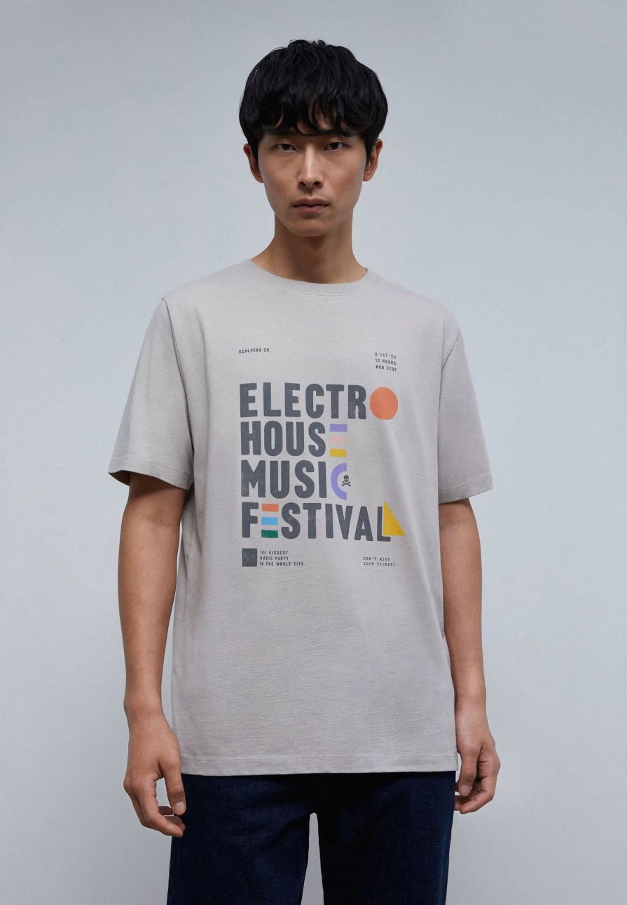 "ScalpersCompany Men's Grey Festival T-Shirt with Vintage Front Print"