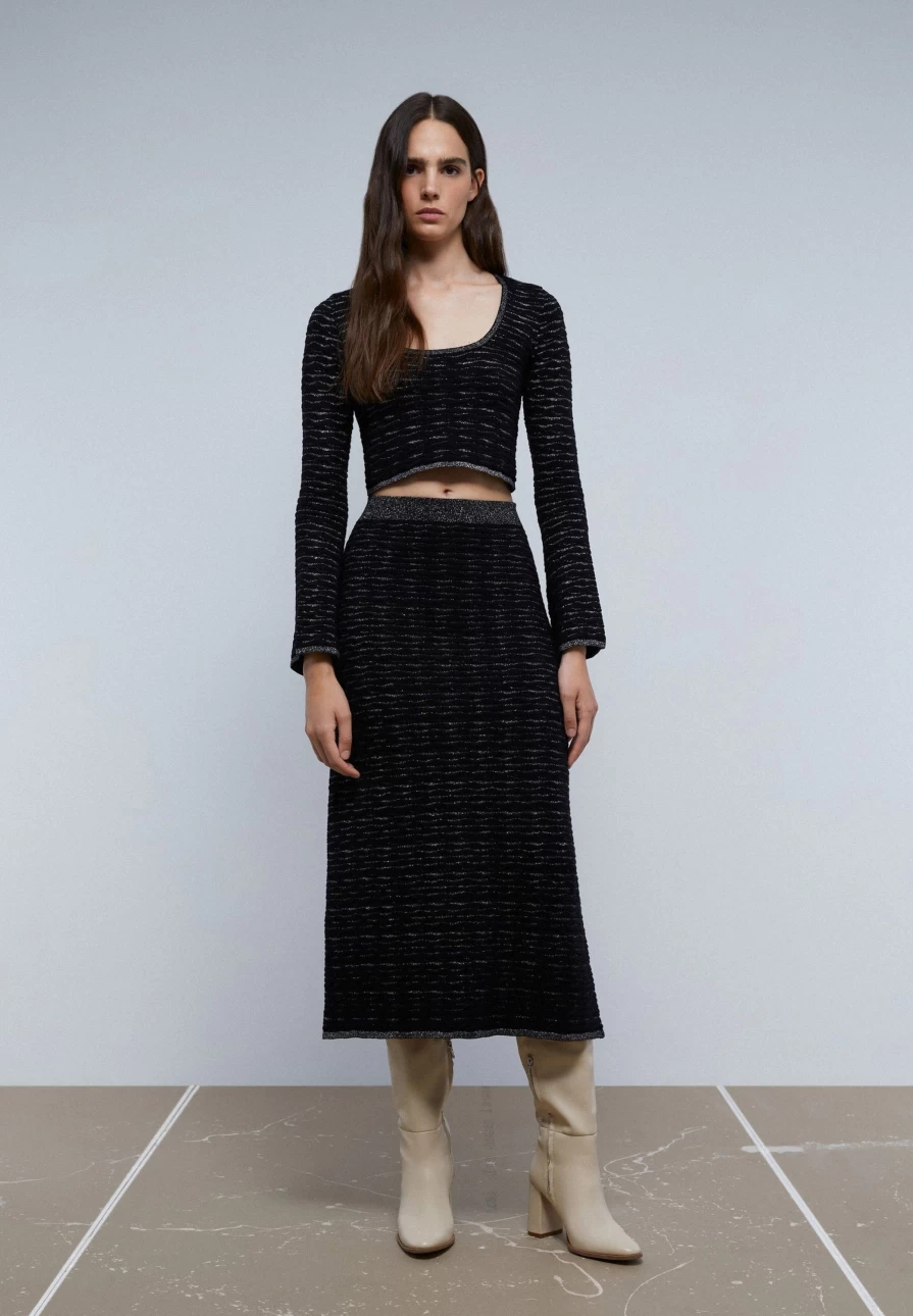 "Scalpers Company Women's Lurex Knit Midi Skirt – Sparkling Elegant Stretchable Party Wear"