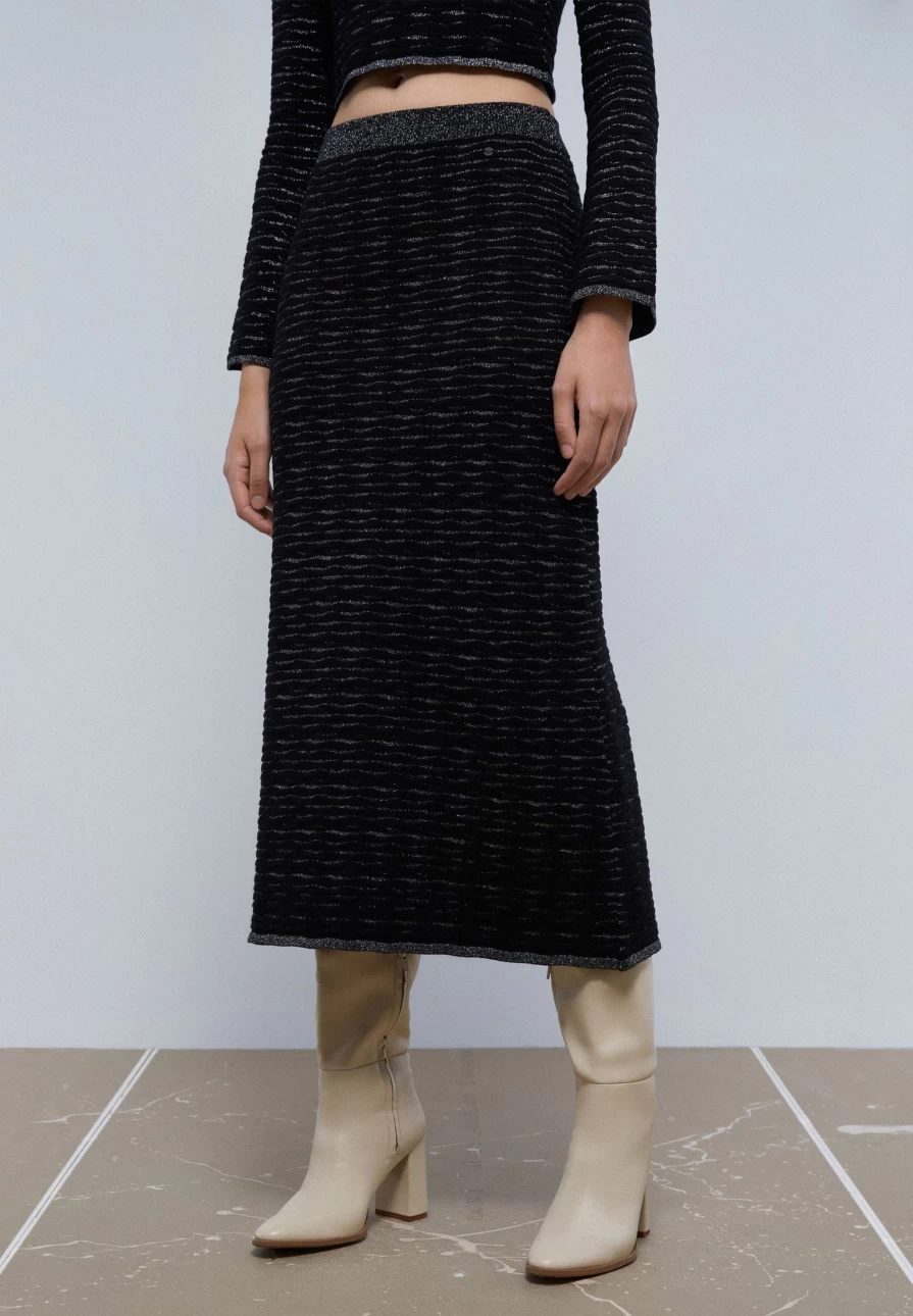 "Scalpers Company Women's Lurex Knit Midi Skirt – Sparkling Elegant Stretchable Party Wear"