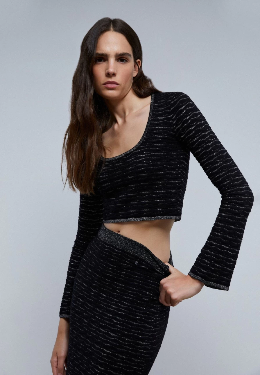 "ScalpersCompany Women's Black Lurex Knit Top with Unique Back Detail"