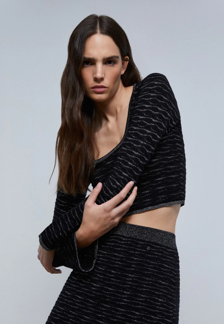 "ScalpersCompany Women's Black Lurex Knit Top with Unique Back Detail"