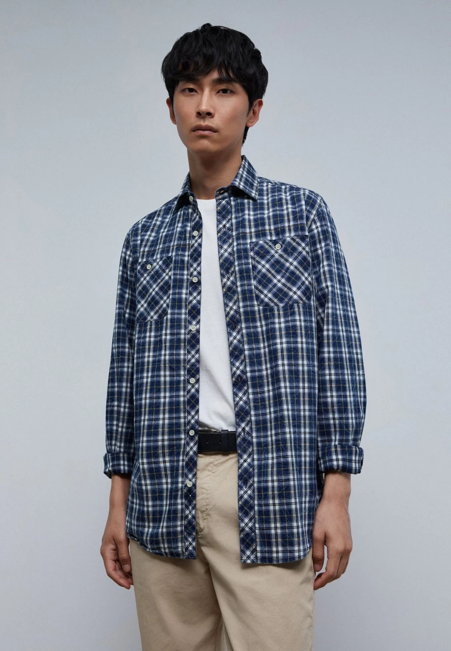 "ScalpersCompany Men's Denim Check Shirt with Pockets - Stylish Casual Wear"