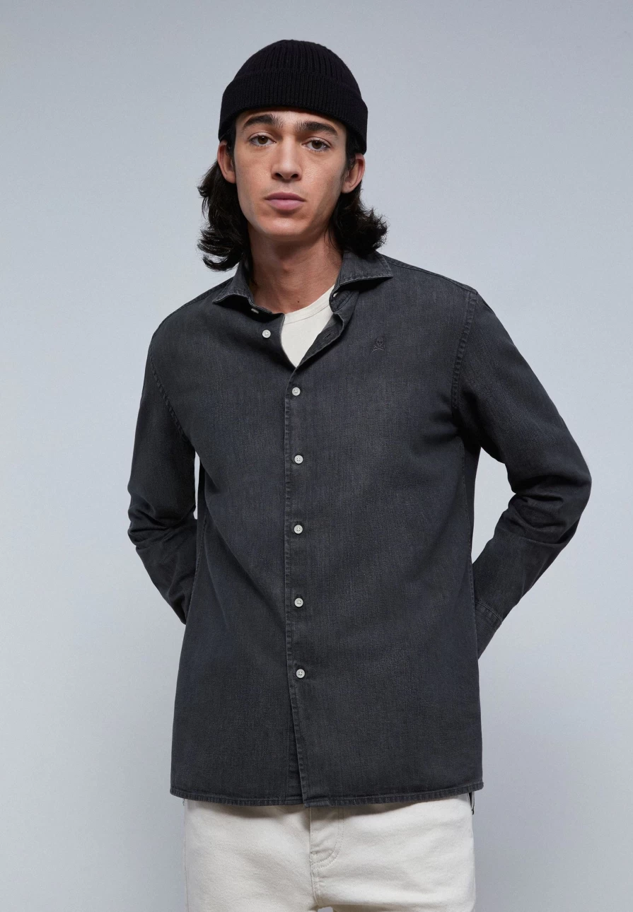 "ScalpersCompany Men's Faded Denim Shirt with Skull Print - Vintage Style Distressed Denim Top"