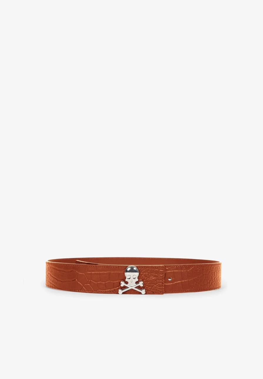 "ScalpersCompany Women's Gothic Leather Belt With Edgy Metal Skull Buckle"
