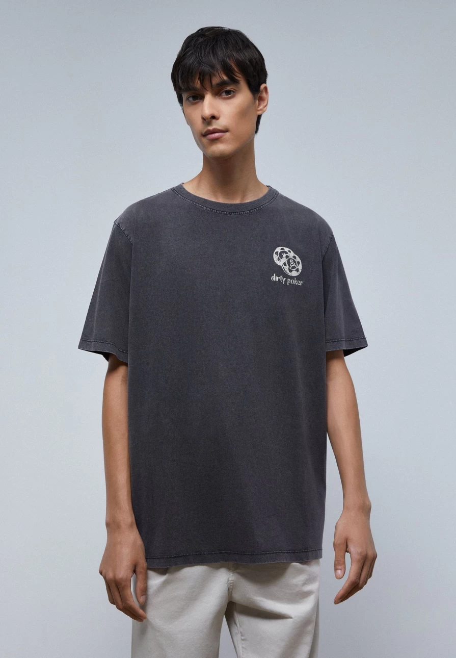 "ScalpersCompany Men's Dark Grey Faded Poker Print T-Shirt"