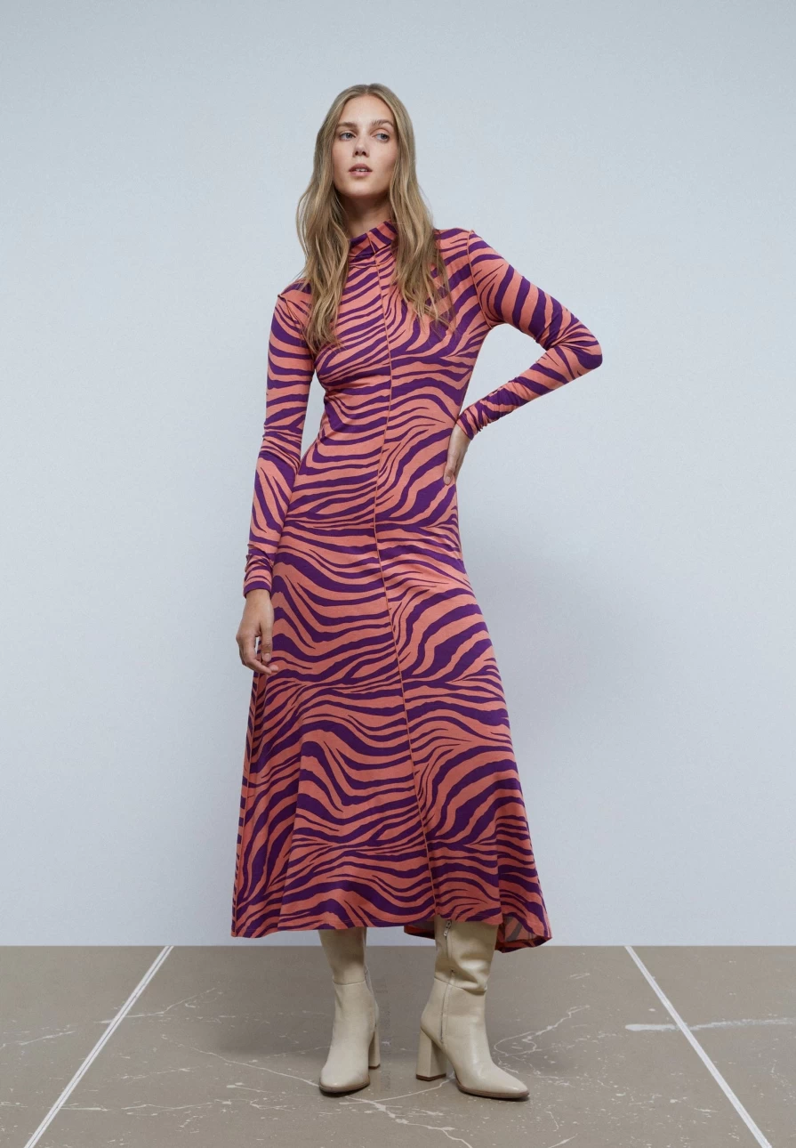 "Scalpers Women's Zebra Print Midi Dress - Stylish Animal Print Dress for Women"