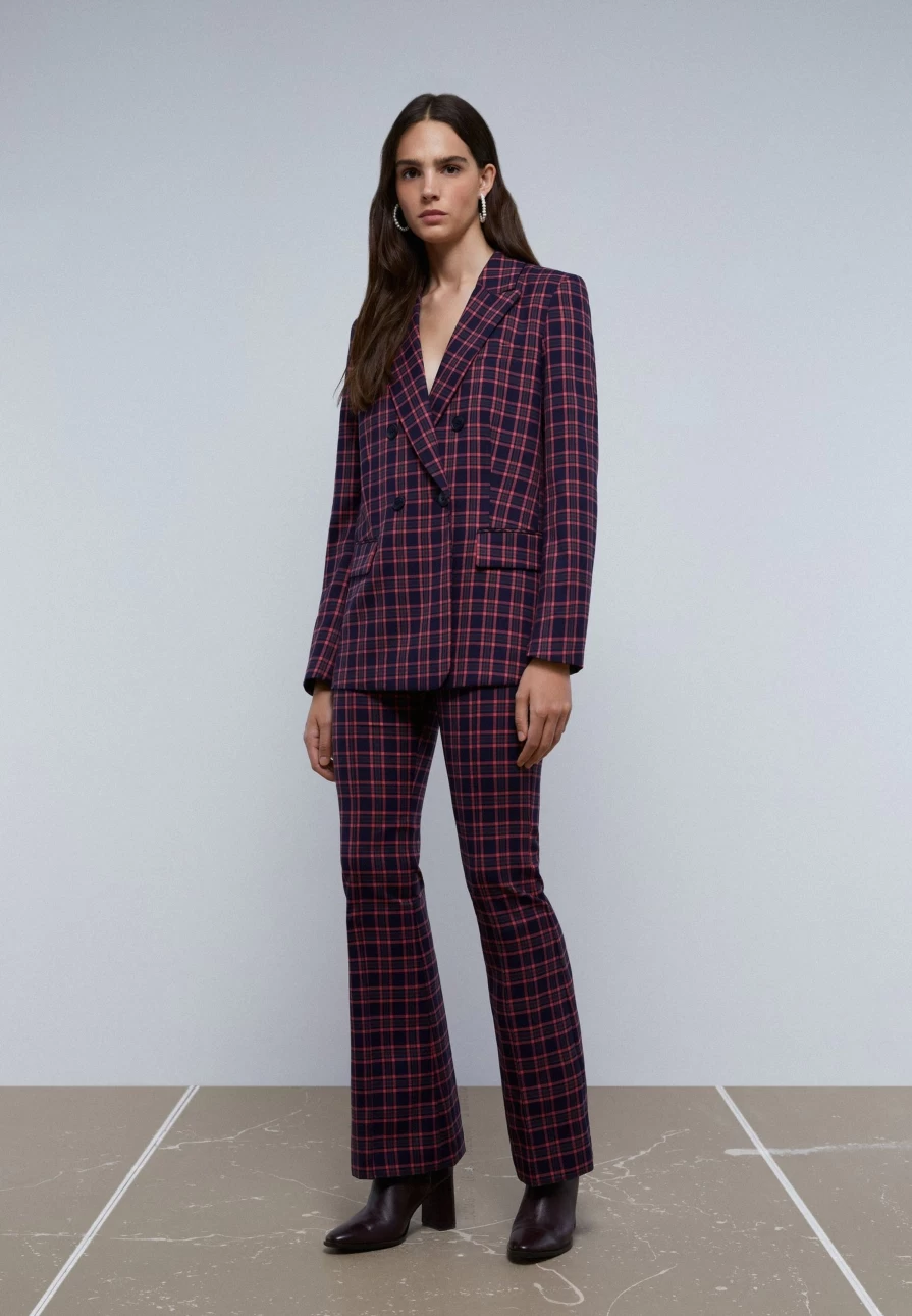 "ScalpersCompany Women's Blue Checkered Blazer with Peaked Lapel Collar - Stylish Formal Jacket"