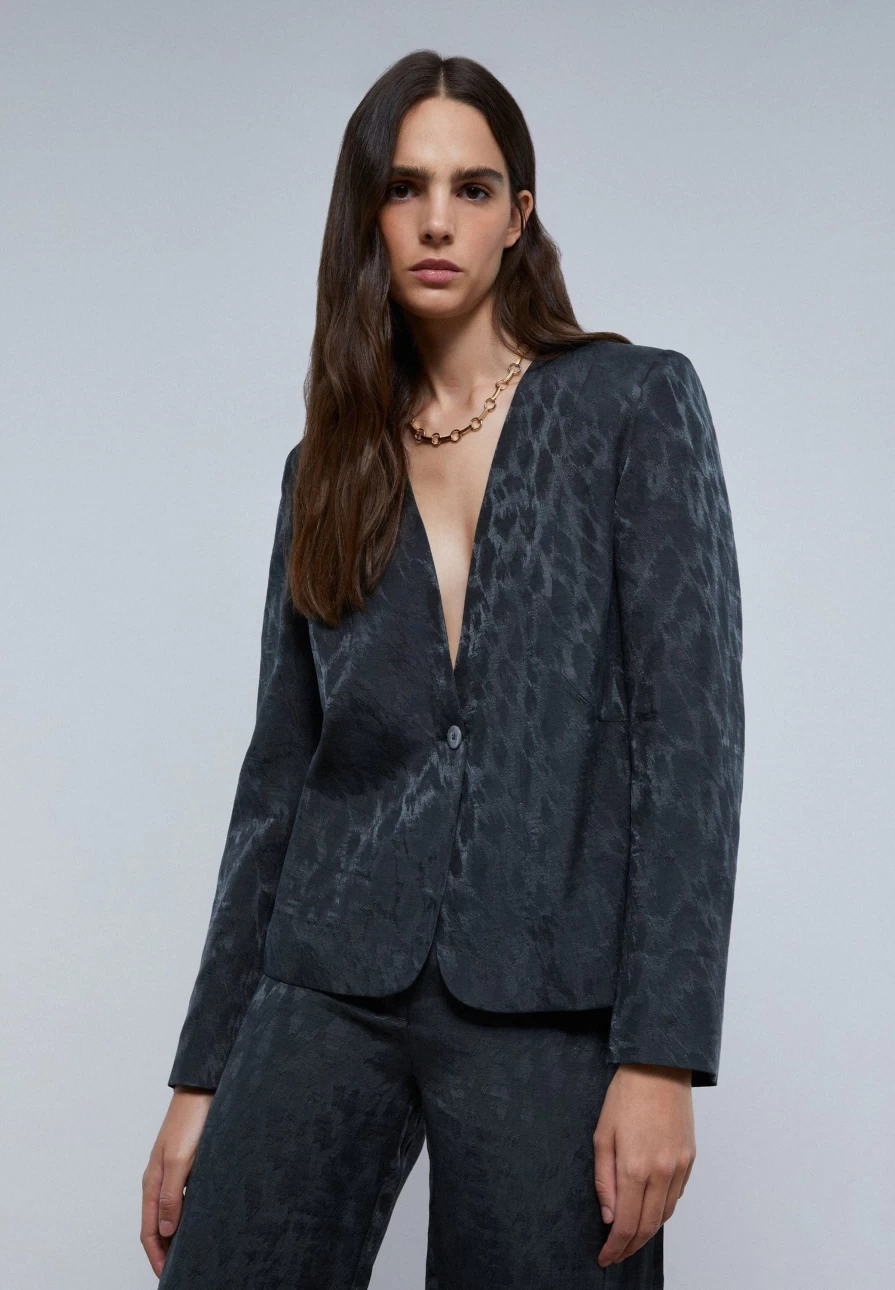 "ScalpersCompany Women's Dark Navy Animal Print Blazer - Lapel-Free Stylish Jacket"
