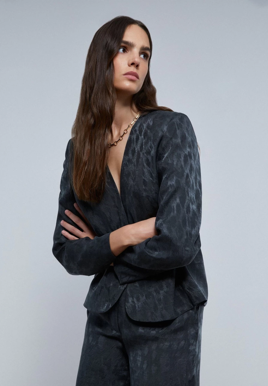"ScalpersCompany Women's Dark Navy Animal Print Blazer - Lapel-Free Stylish Jacket"