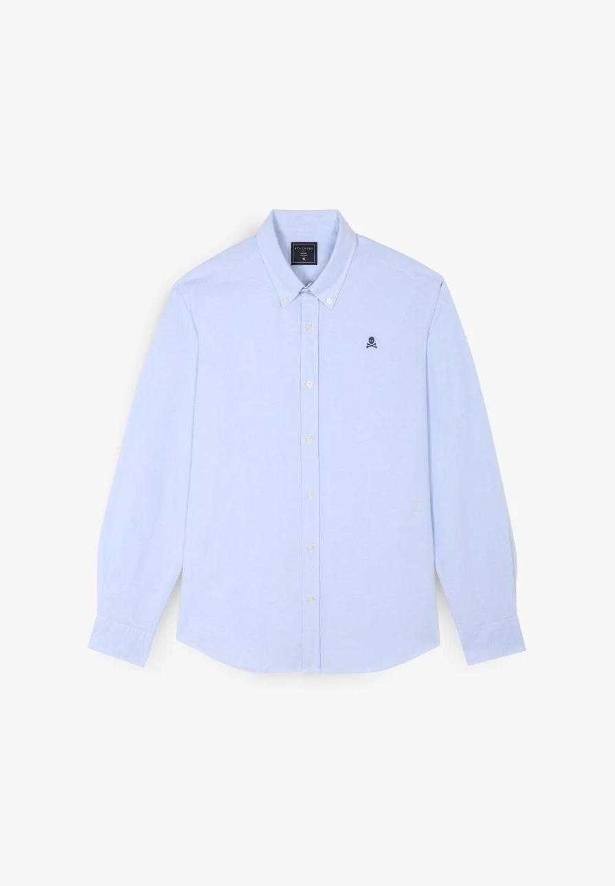 "ScalpersCompany Men's Sky Blue Oxford Shirt with Skull Print Design"