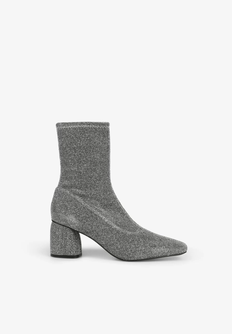 "Scalpers Company Women's Silver Lurex Heeled Ankle Boots - Stylish Metallic Party Footwear"