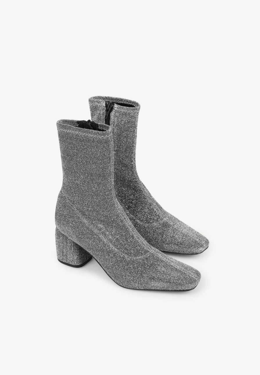 "Scalpers Company Women's Silver Lurex Heeled Ankle Boots - Stylish Metallic Party Footwear"