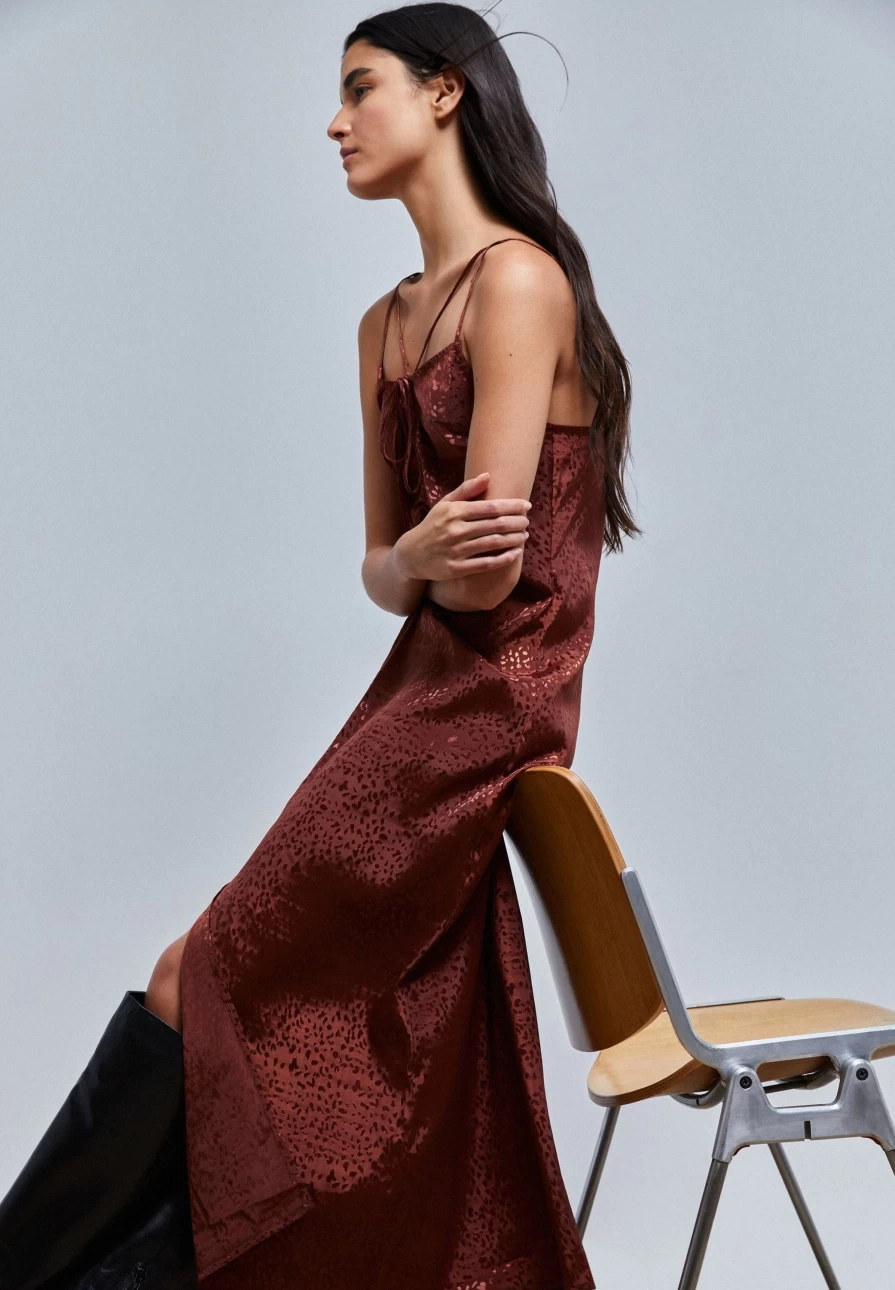"ScalpersCompany Women's Bronze Midi Slip Dress - Elegant Evening Gown"
