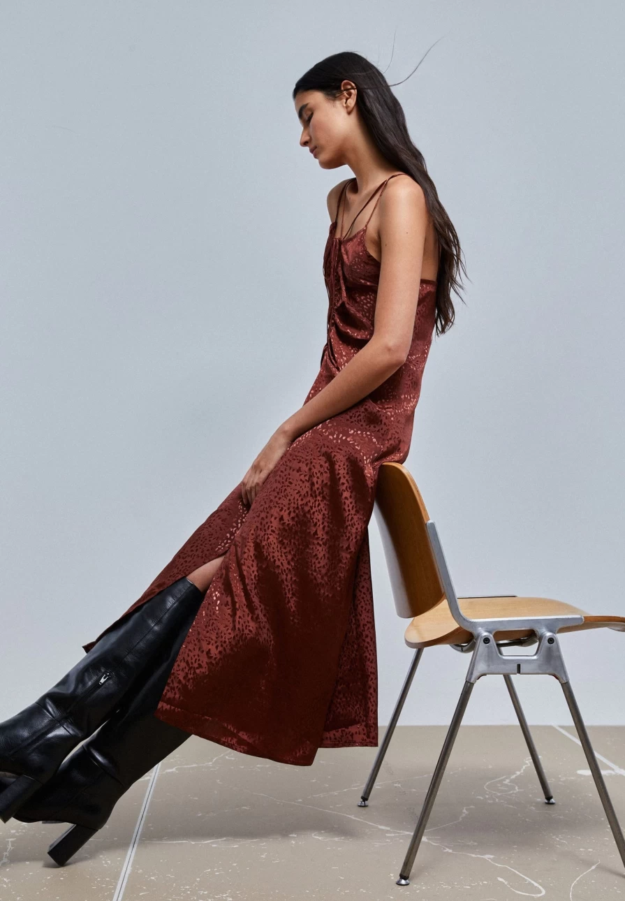 "ScalpersCompany Women's Bronze Midi Slip Dress - Elegant Evening Gown"