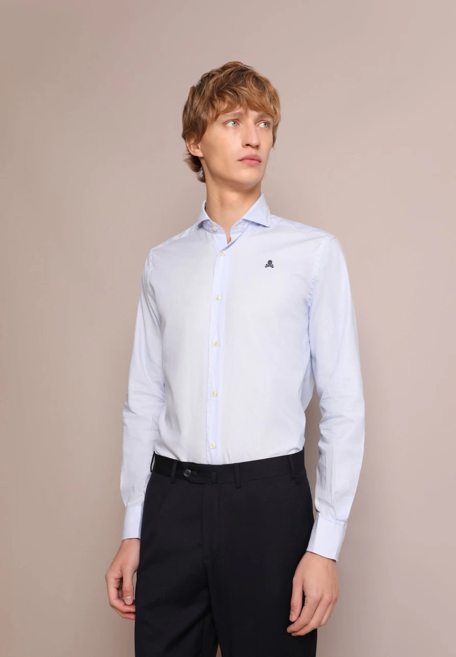 "ScalpersCompany Men's Blue Stripes Skull Print Contrast Shirt"
