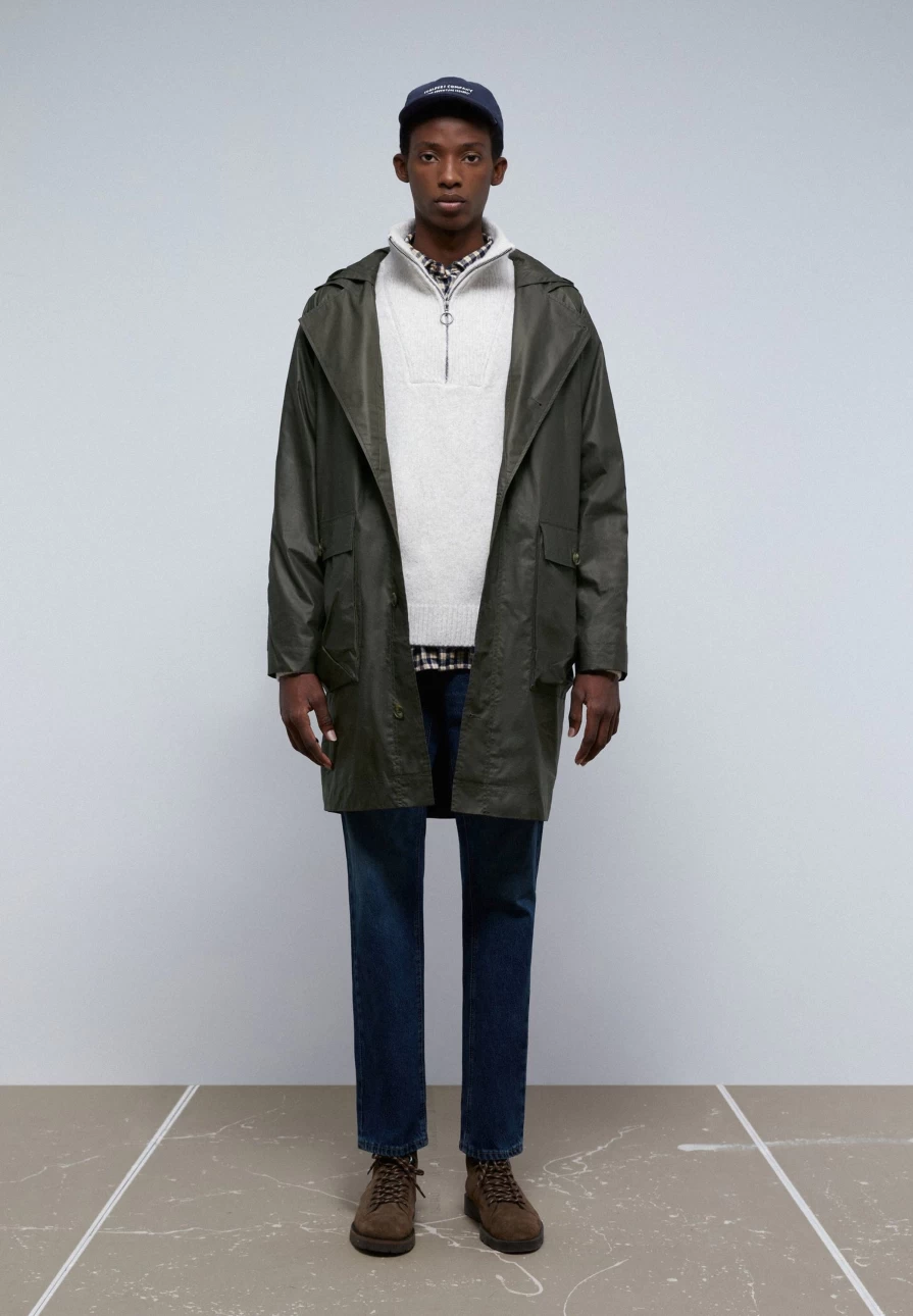 "ScalpersCompany Men's Khaki Waxed Parka Jacket with Stylish Collar Detail"