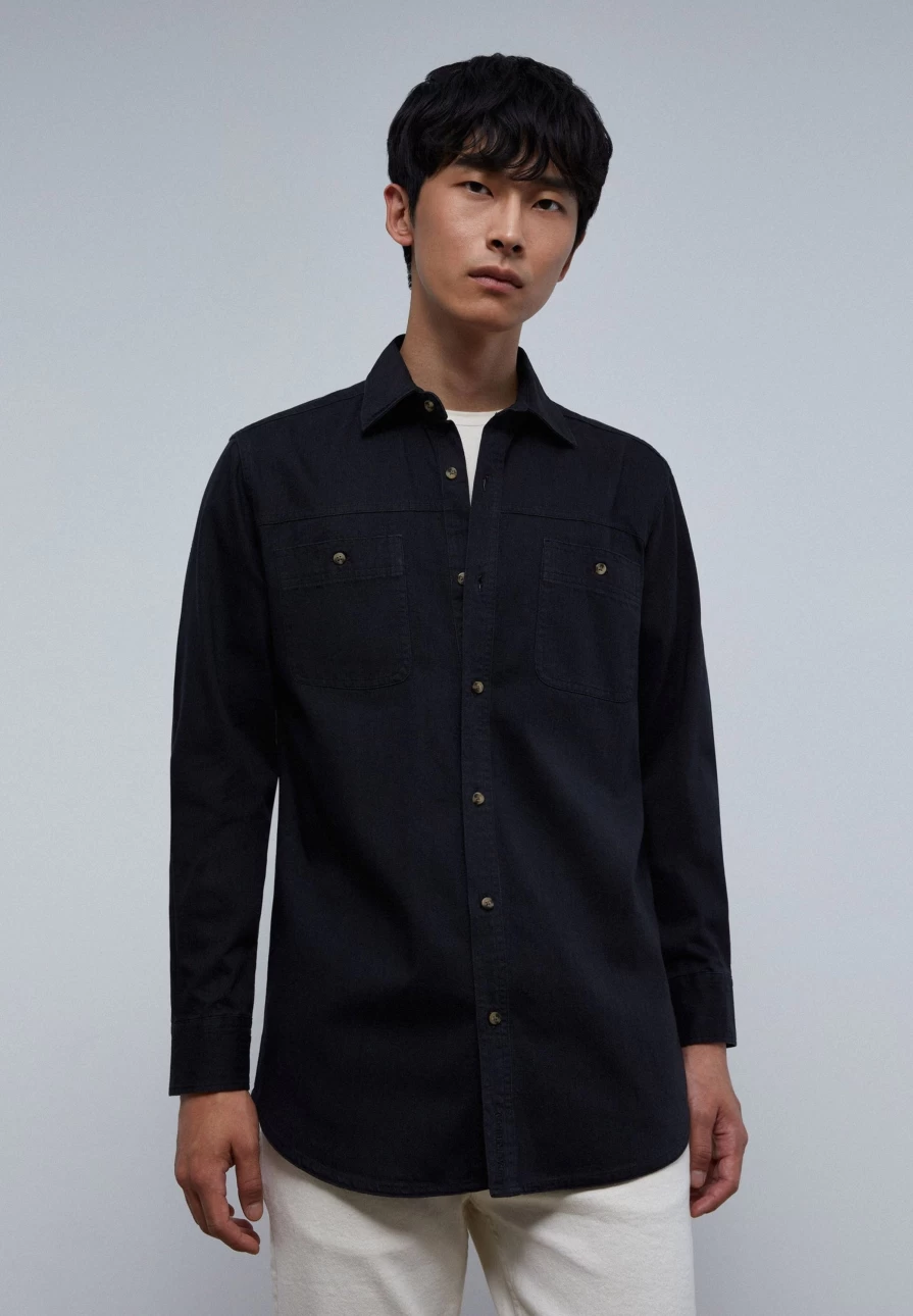 "ScalpersCompany Men's Black Denim Shirt with Pockets - Stylish Casual Wear"