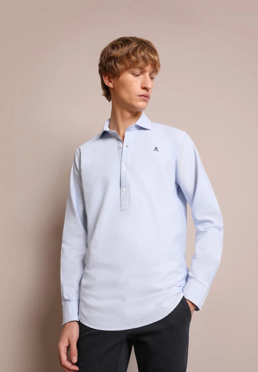 "ScalpersCompany Men's Sky Blue Cotton Polo Shirt with Skull Print - Basic Casual Wear"