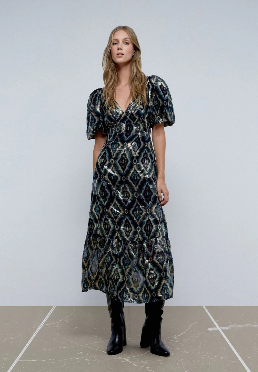 "ScalpersCompany Women's Elegant Midi Dress with Stylish Puff Sleeves"