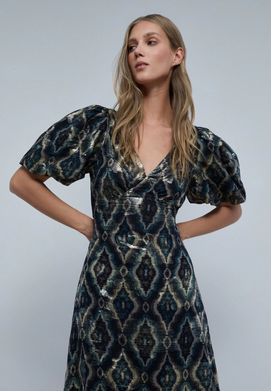 "ScalpersCompany Women's Elegant Midi Dress with Stylish Puff Sleeves"