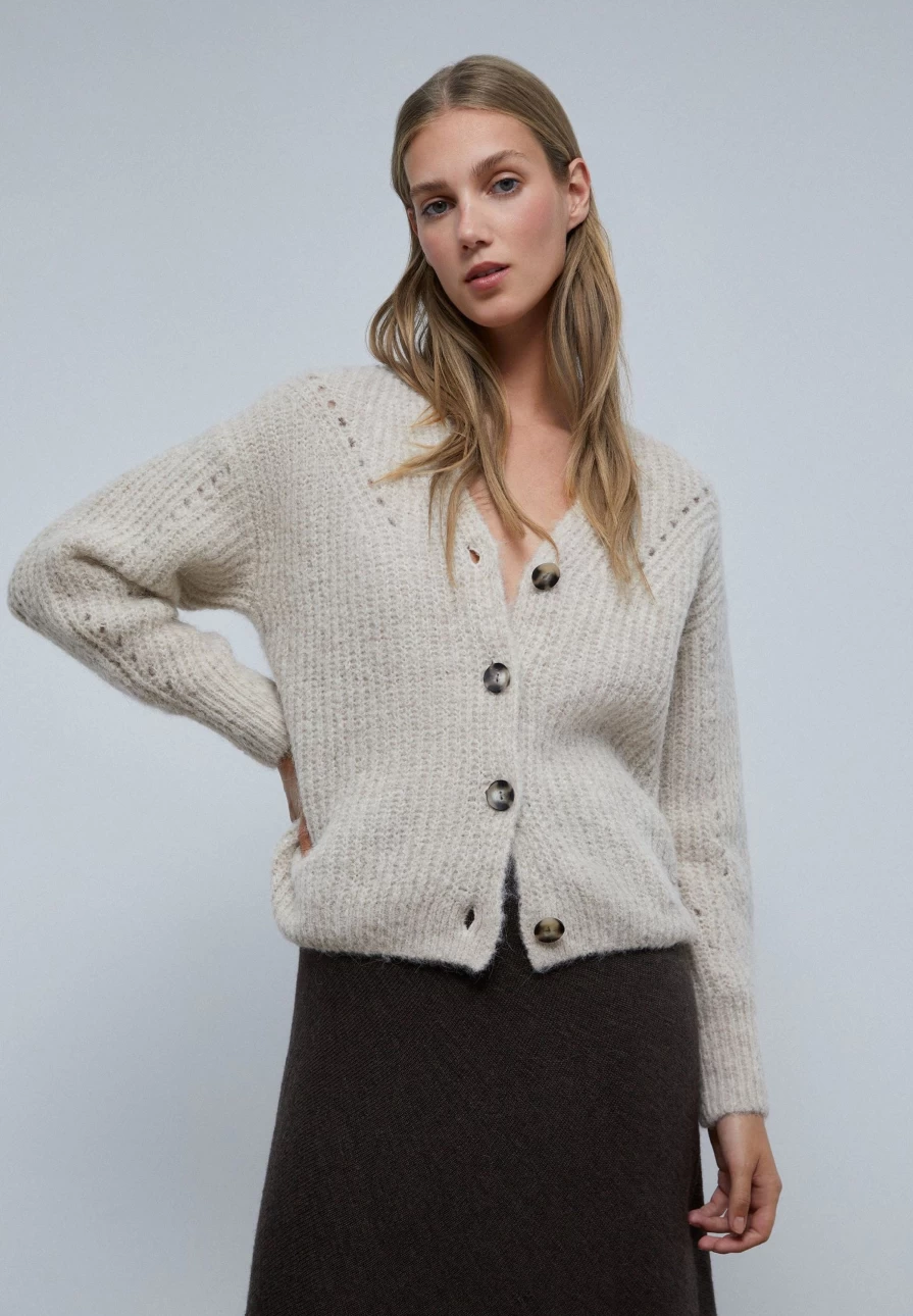 "ScalpersCompany Women's Sand Ribbed Cardigan with Stylish Details"
