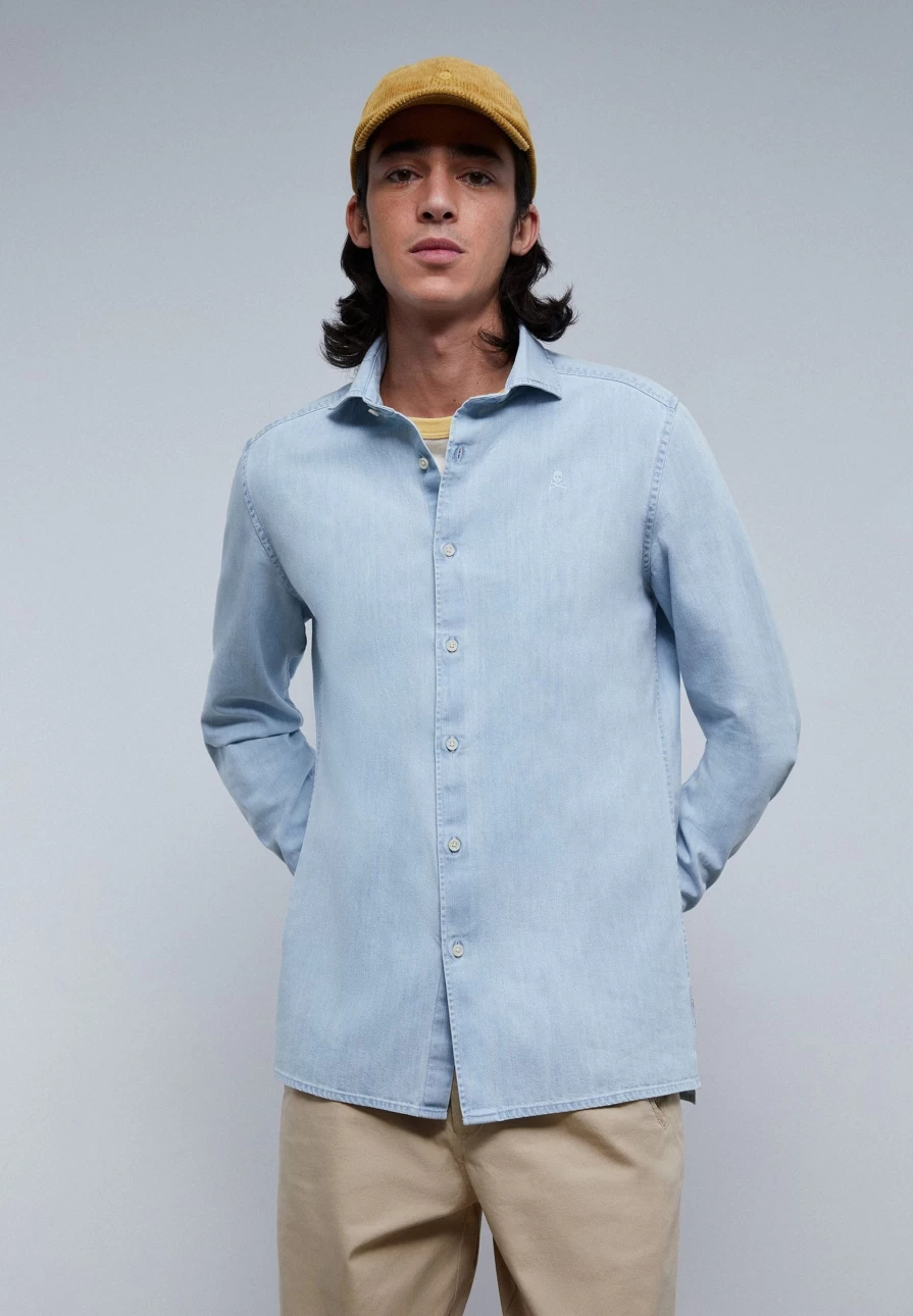 "Vintage Faded Denim Shirt with Skull Print - ScalpersCompany Men's Casual Wear"