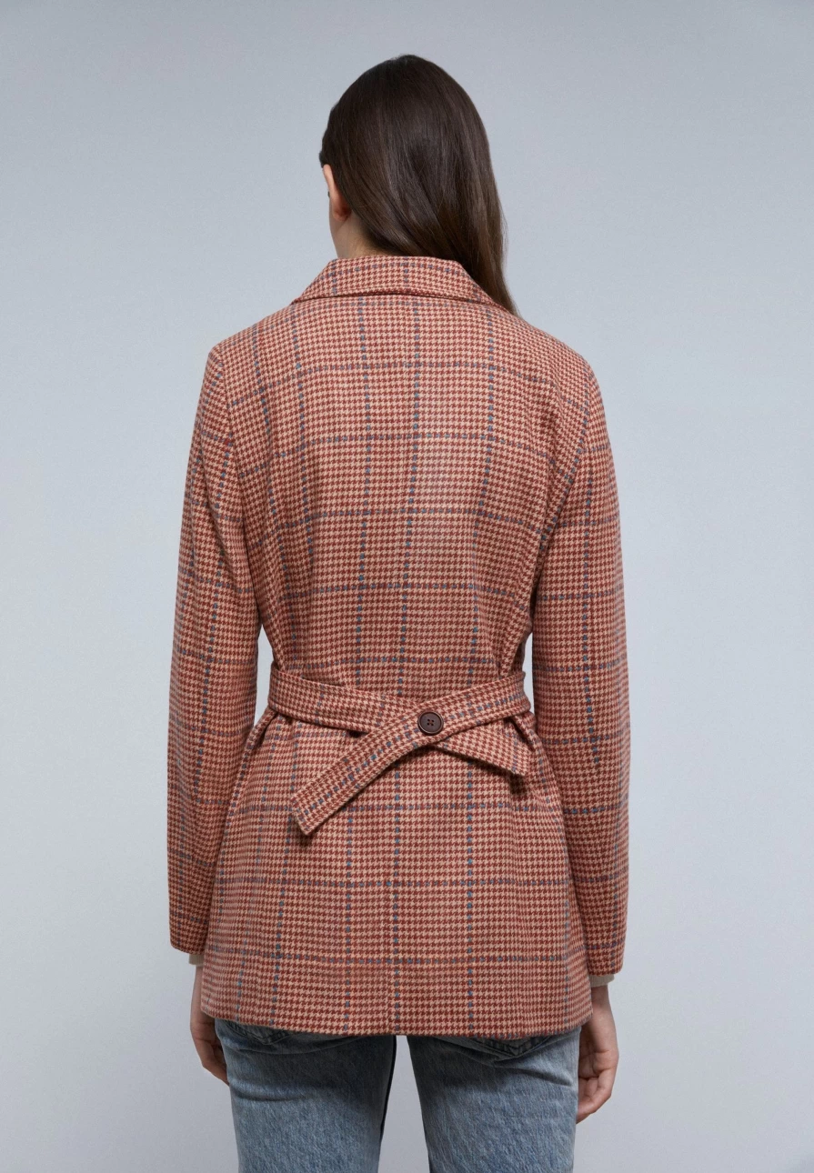 "ScalpersCompany Women's Camel Checkered Blazer With Detachable Belt - Classic Fit Formal Jacket"
