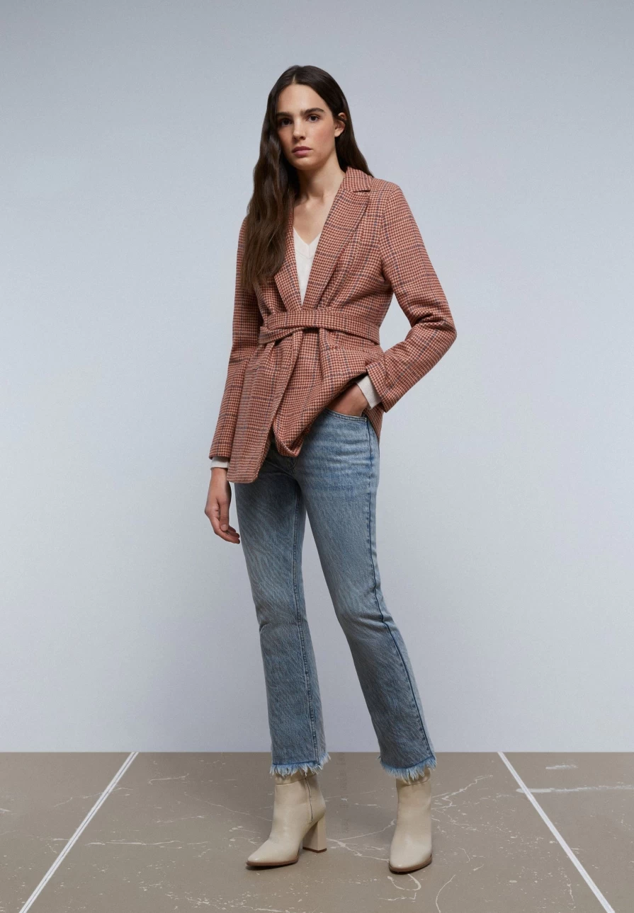 "ScalpersCompany Women's Camel Checkered Blazer With Detachable Belt - Classic Fit Formal Jacket"