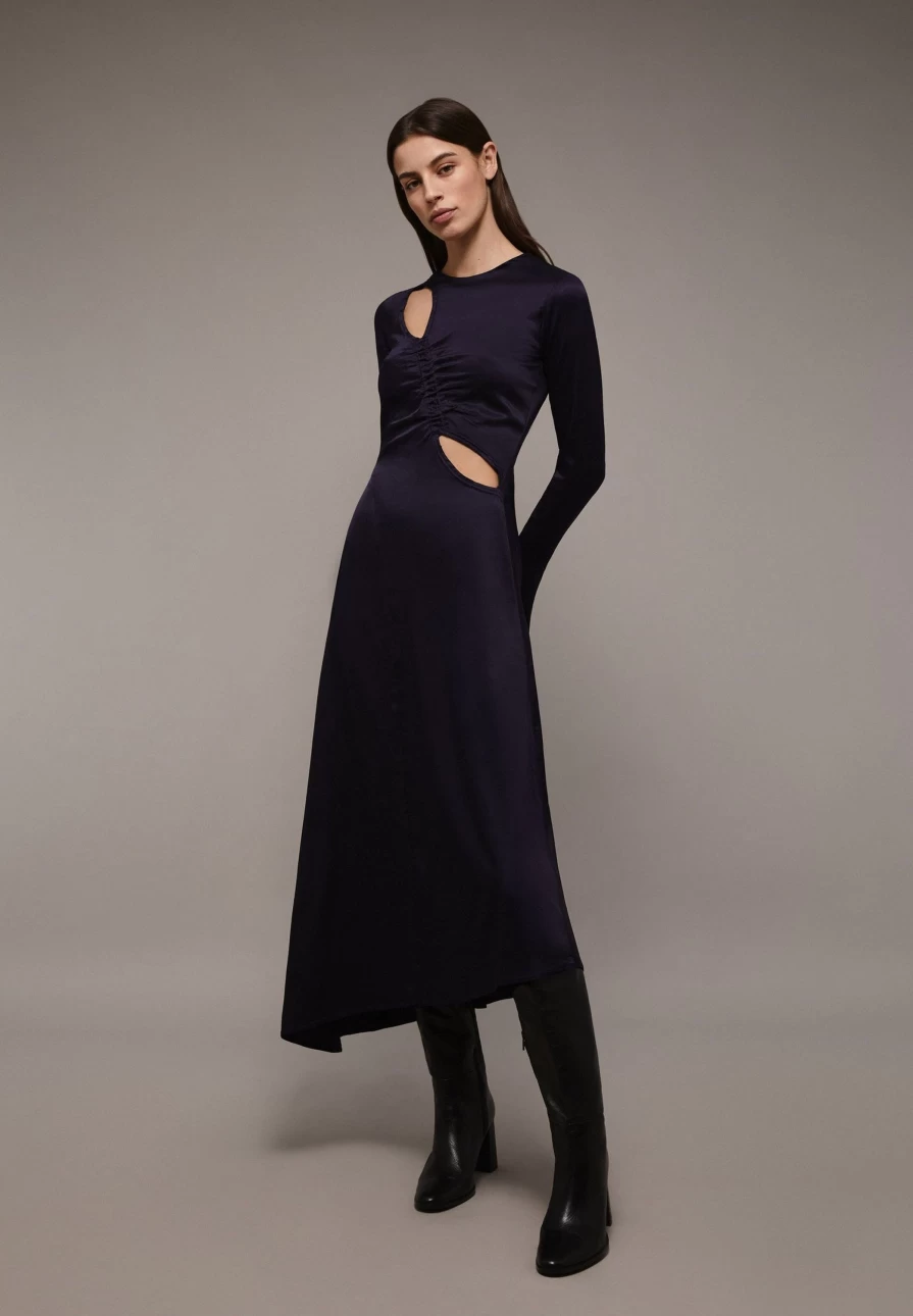 "ScalpersCompany Women's Dark Navy Satin Midi Dress with High Slit Elegant Party Gown"