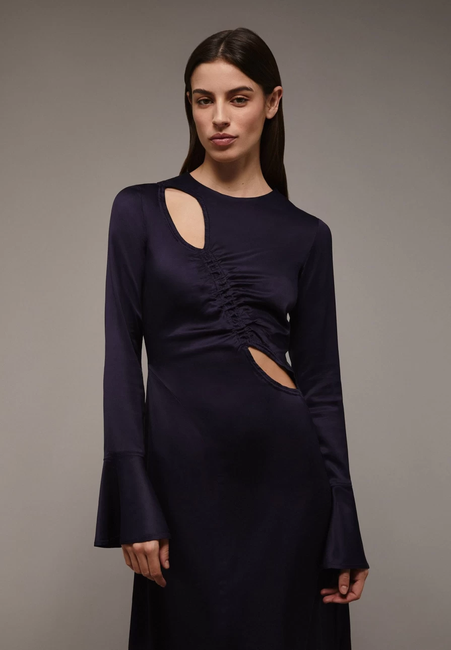 "ScalpersCompany Women's Dark Navy Satin Midi Dress with High Slit Elegant Party Gown"