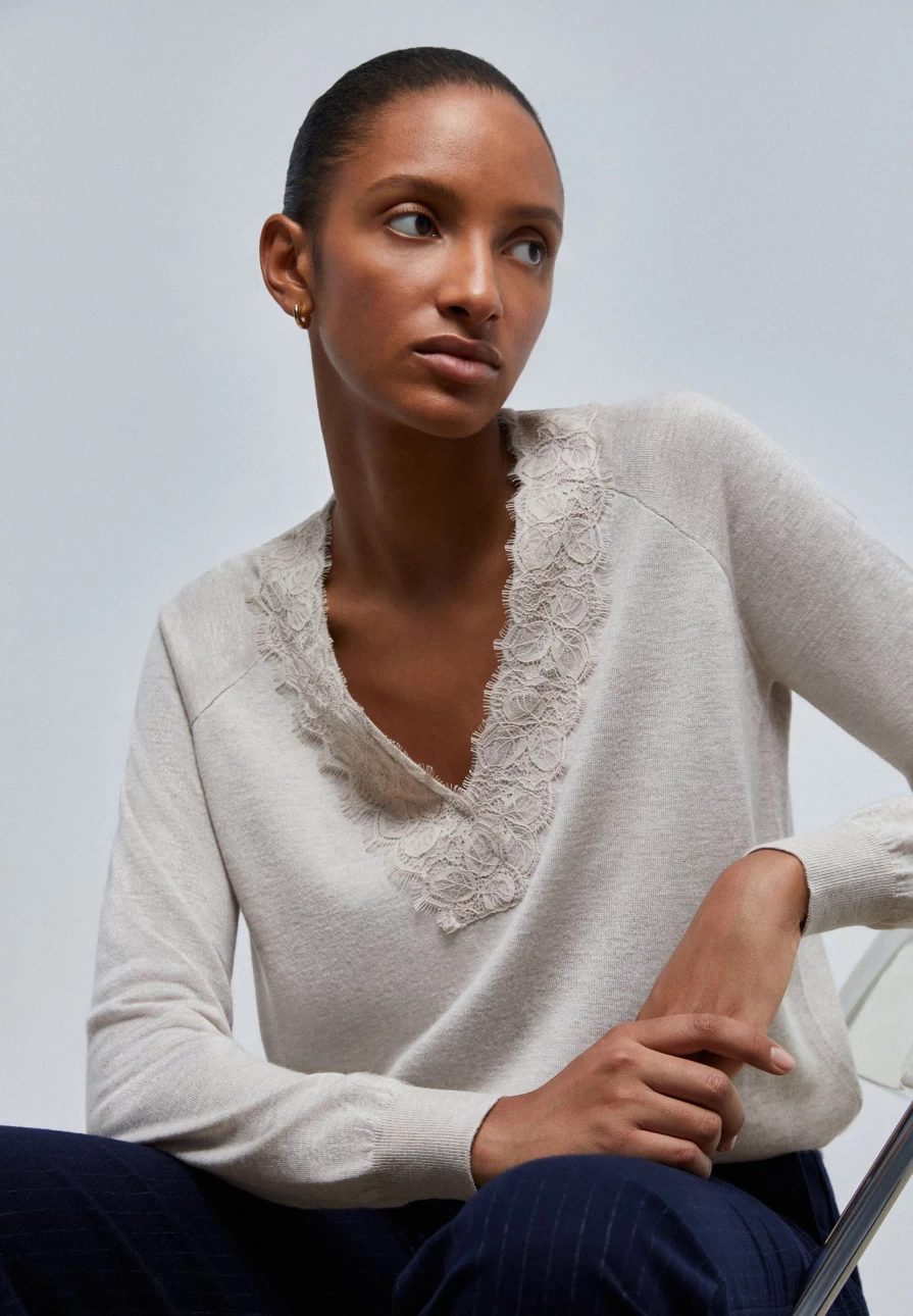 "ScalpersCompany Women's Lace Detail Sweater - Elegant Knit Top for Fashion"