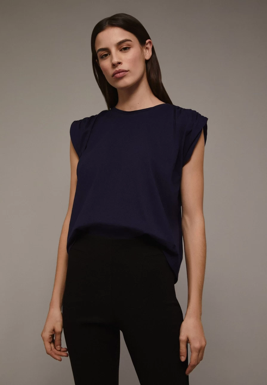 "ScalpersCompany Women's Navy T-Shirt with Gathered Shoulder Detail"