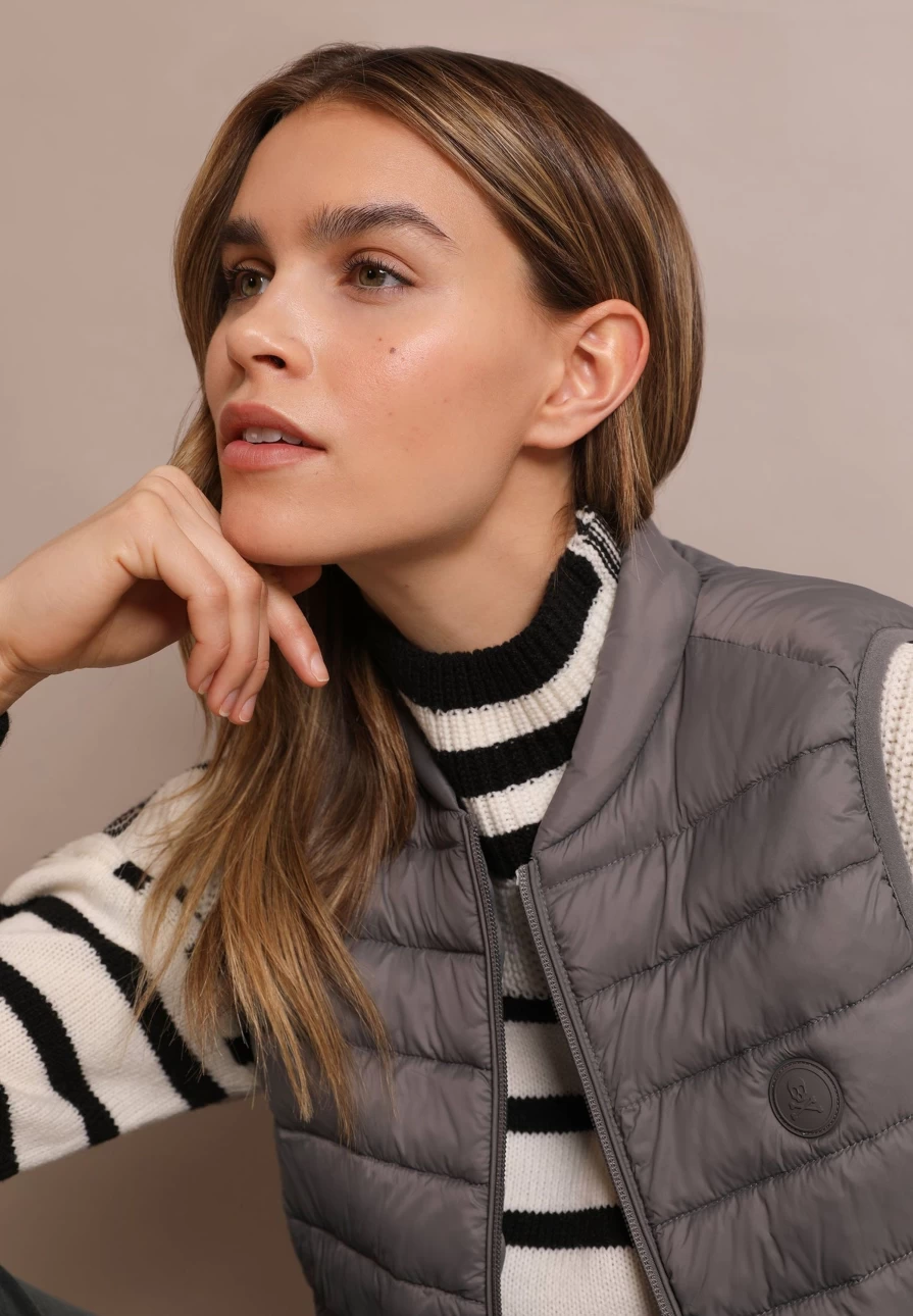 "ScalpersCompany Women's Medium Grey Quilted Gilet with Skull Design – Stylish Winter Vest"