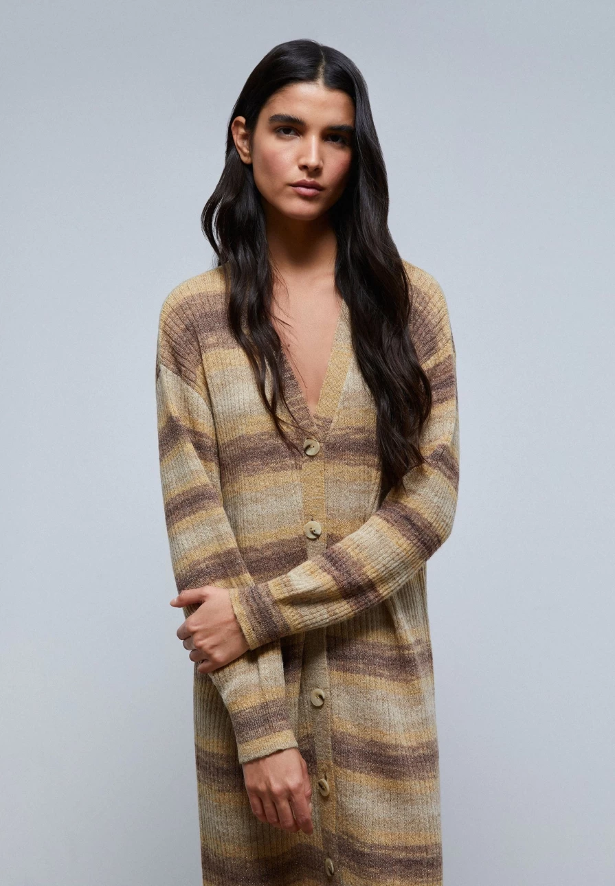 "ScalpersCompany Women's Natural Striped Knit Cardigan Sweater"