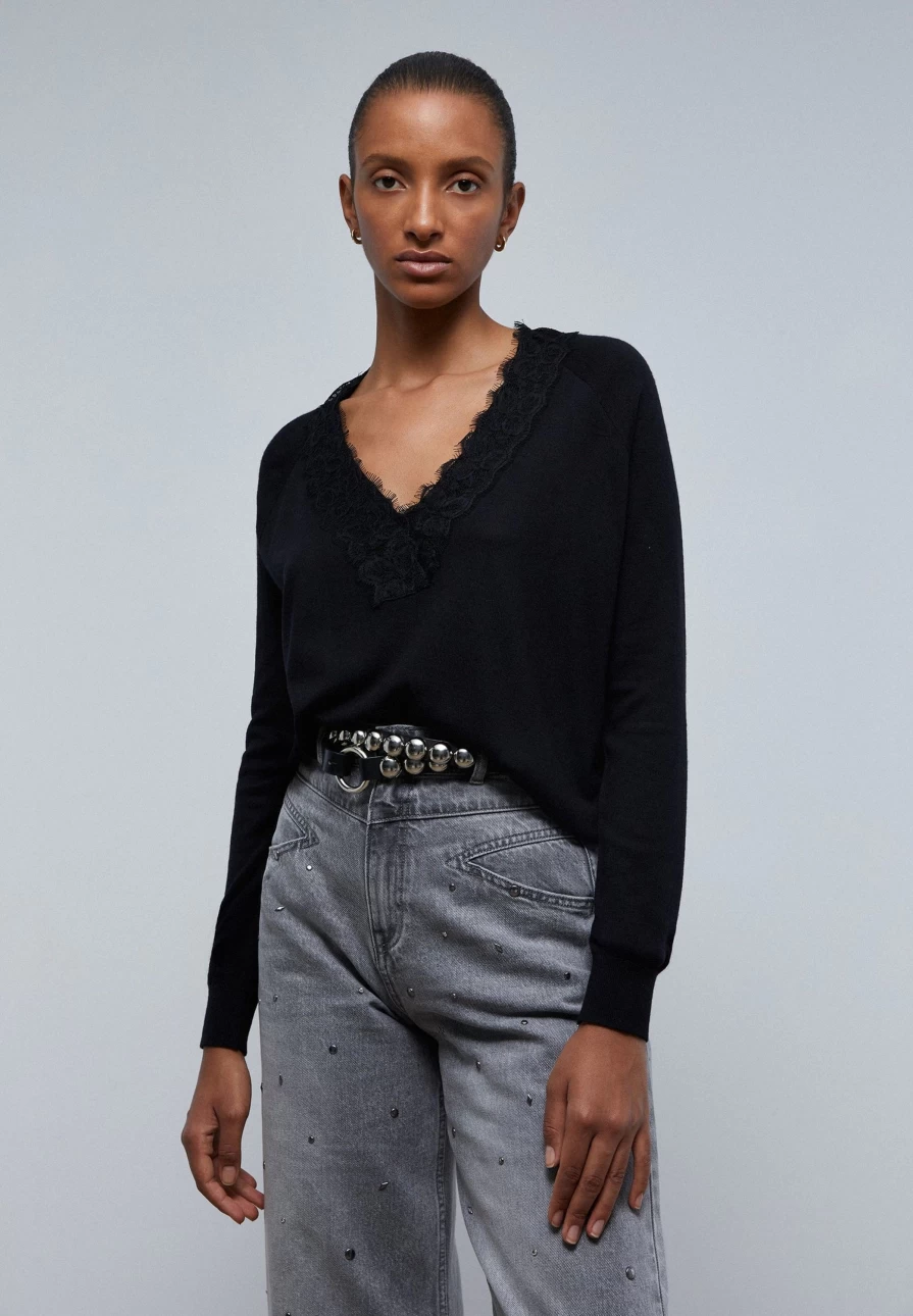 "ScalpersCompany Black Lace Detail Sweater for Women - Elegant Feminine Knit Top"
