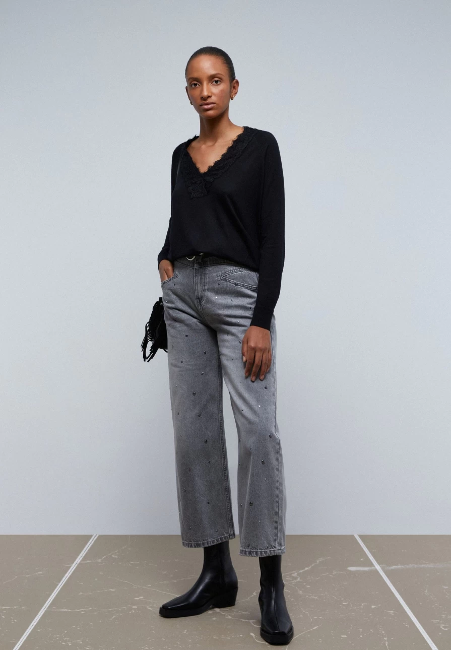 "ScalpersCompany Black Lace Detail Sweater for Women - Elegant Feminine Knit Top"