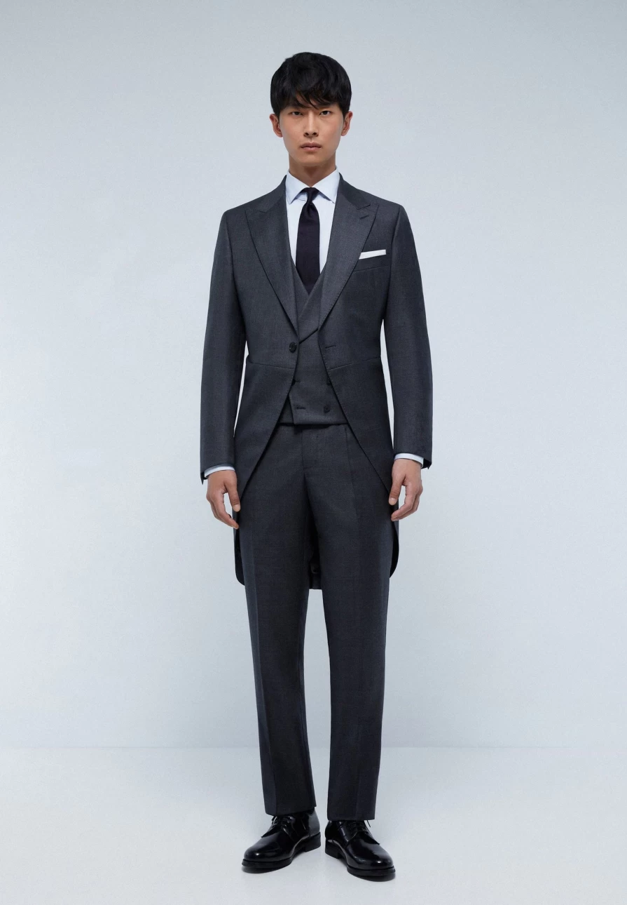 "ScalpersCompany Grey Three-Piece Wool Morning Coat for Men – Premium Formal Wear"