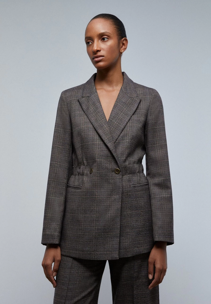 "ScalpersCompany Women's Brown Check Blazer with Buttons – Stylish Checkered Jacket for Women"