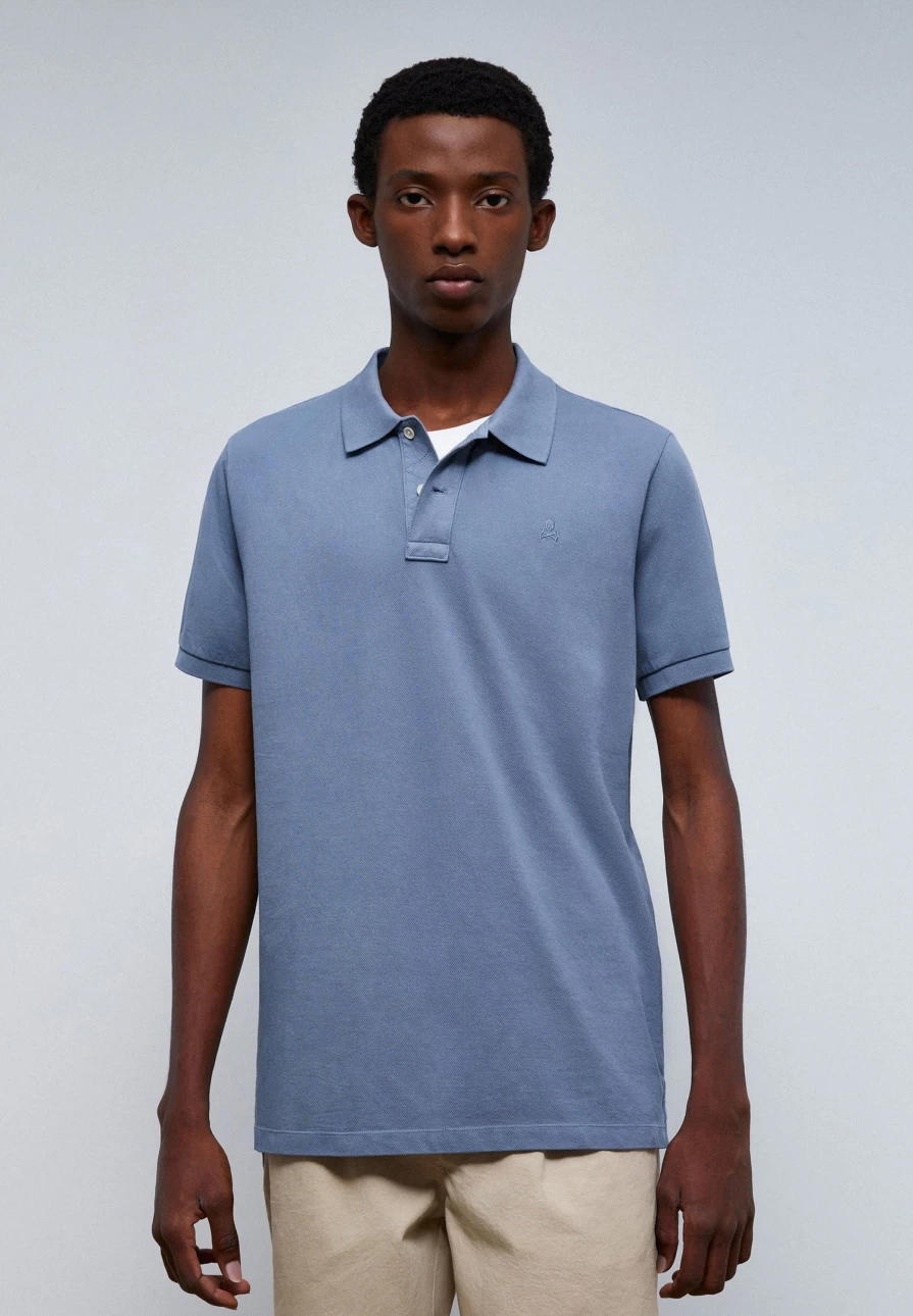 "ScalpersCompany Men's Blue Basic Polo Shirt with Skull Embroidered Design"