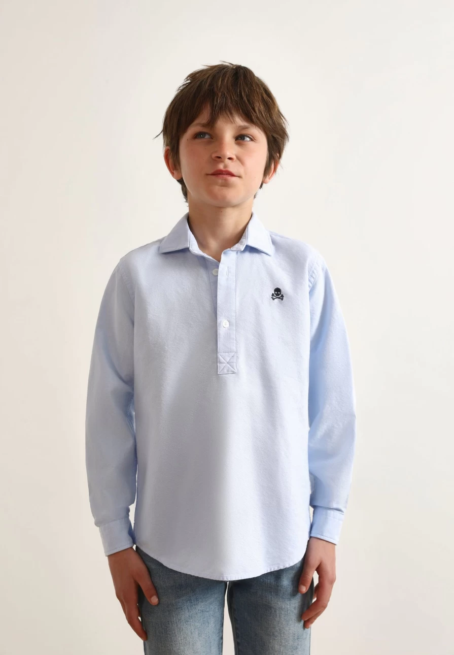 "ScalpersCompany Kids Sky Blue Polo Neck Shirt with Contrast Skull Print"