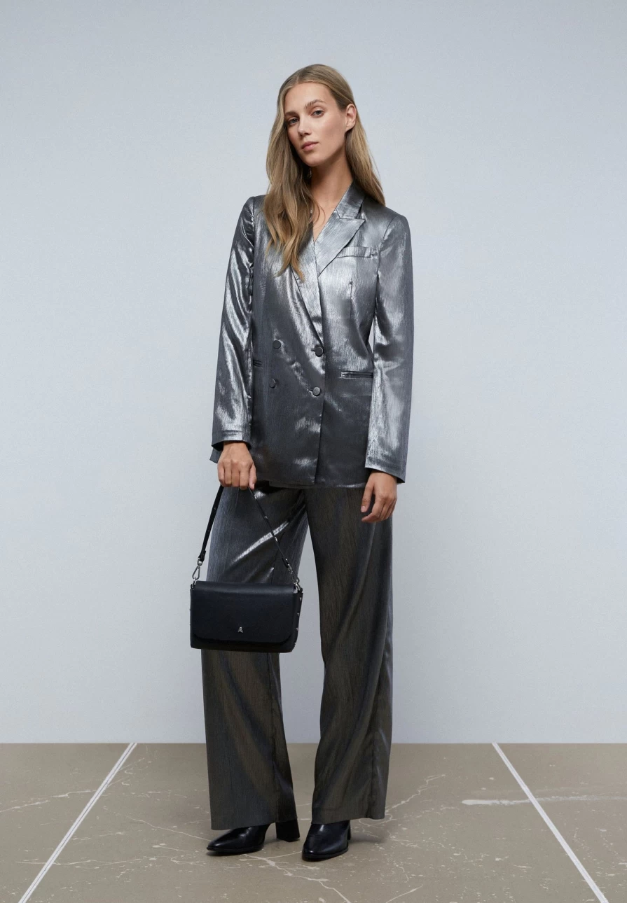 "ScalpersCompany Women's Silver Satin Palazzo Pants - Elegant High-Waisted Wide Leg Trousers"