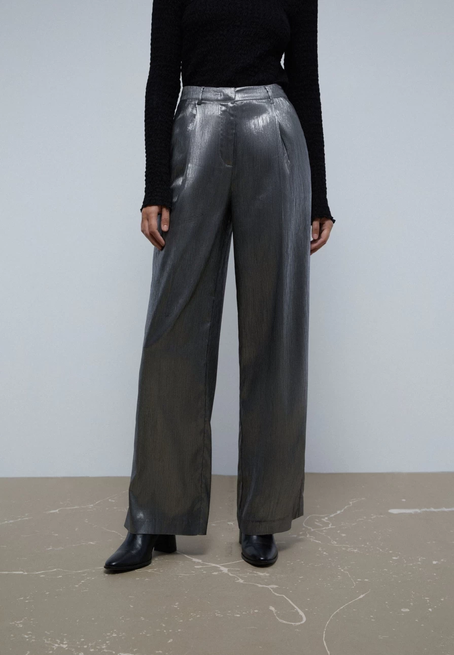 "ScalpersCompany Women's Silver Satin Palazzo Pants - Elegant High-Waisted Wide Leg Trousers"
