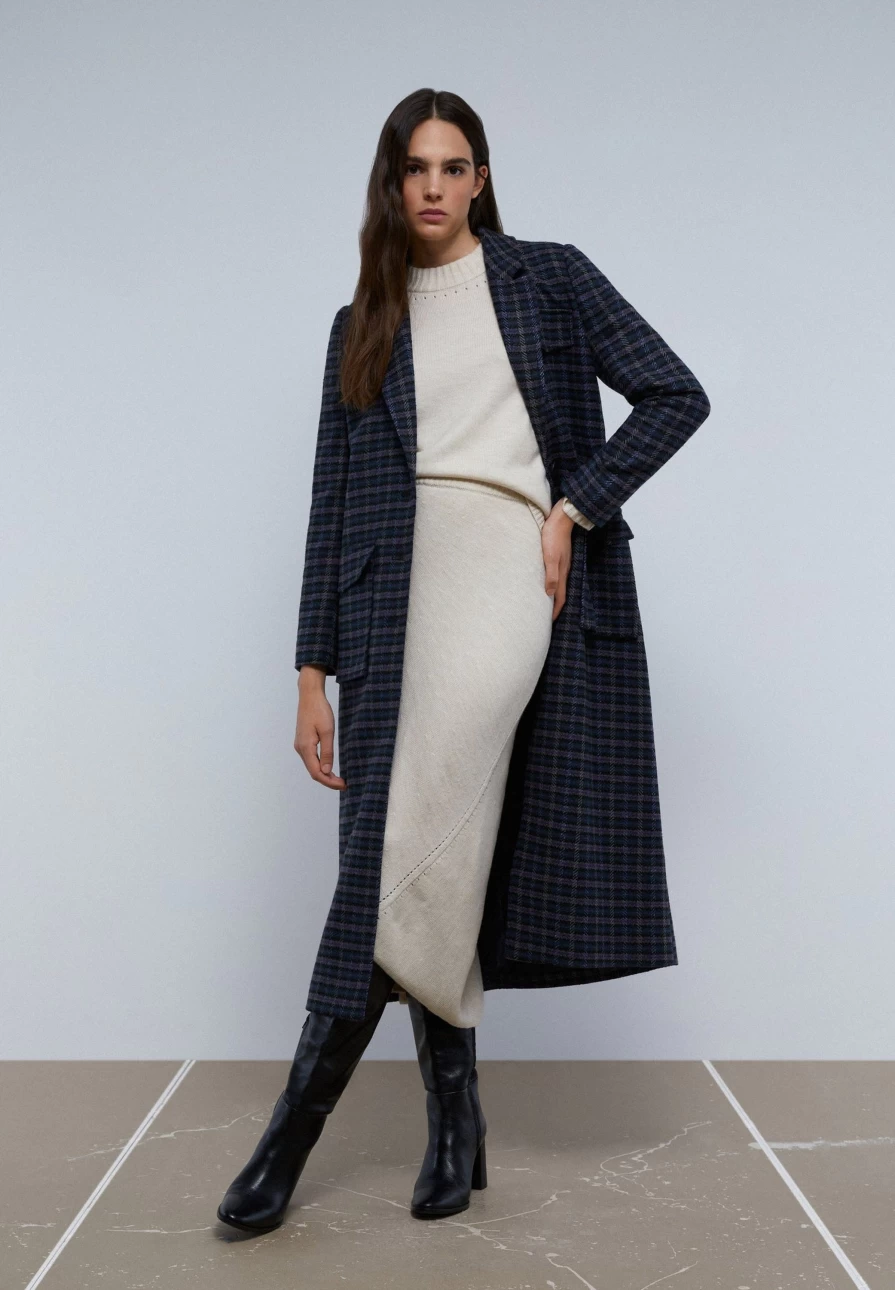 "ScalpersCompany Women's Grey Check Long Coat with Pockets – Stylish Checked Trench Coat"