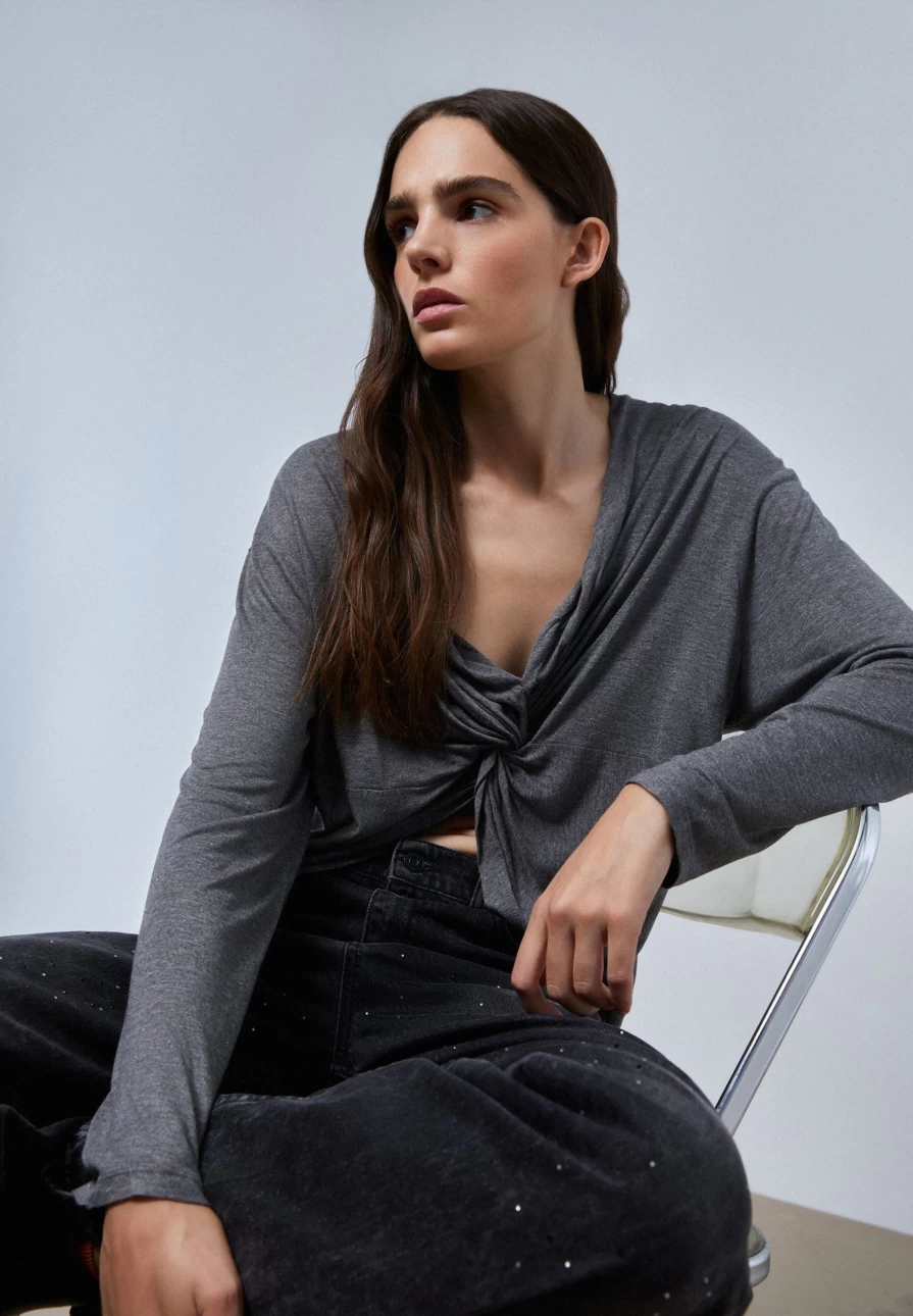 "Scalpers Women's Grey Melange Lurex Knotted Detail T-Shirt | Stylish Casual Top"