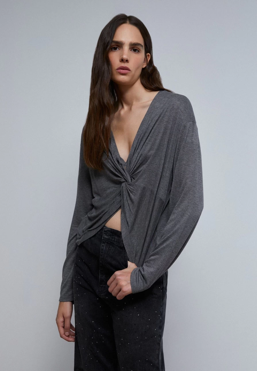 "Scalpers Women's Grey Melange Lurex Knotted Detail T-Shirt | Stylish Casual Top"